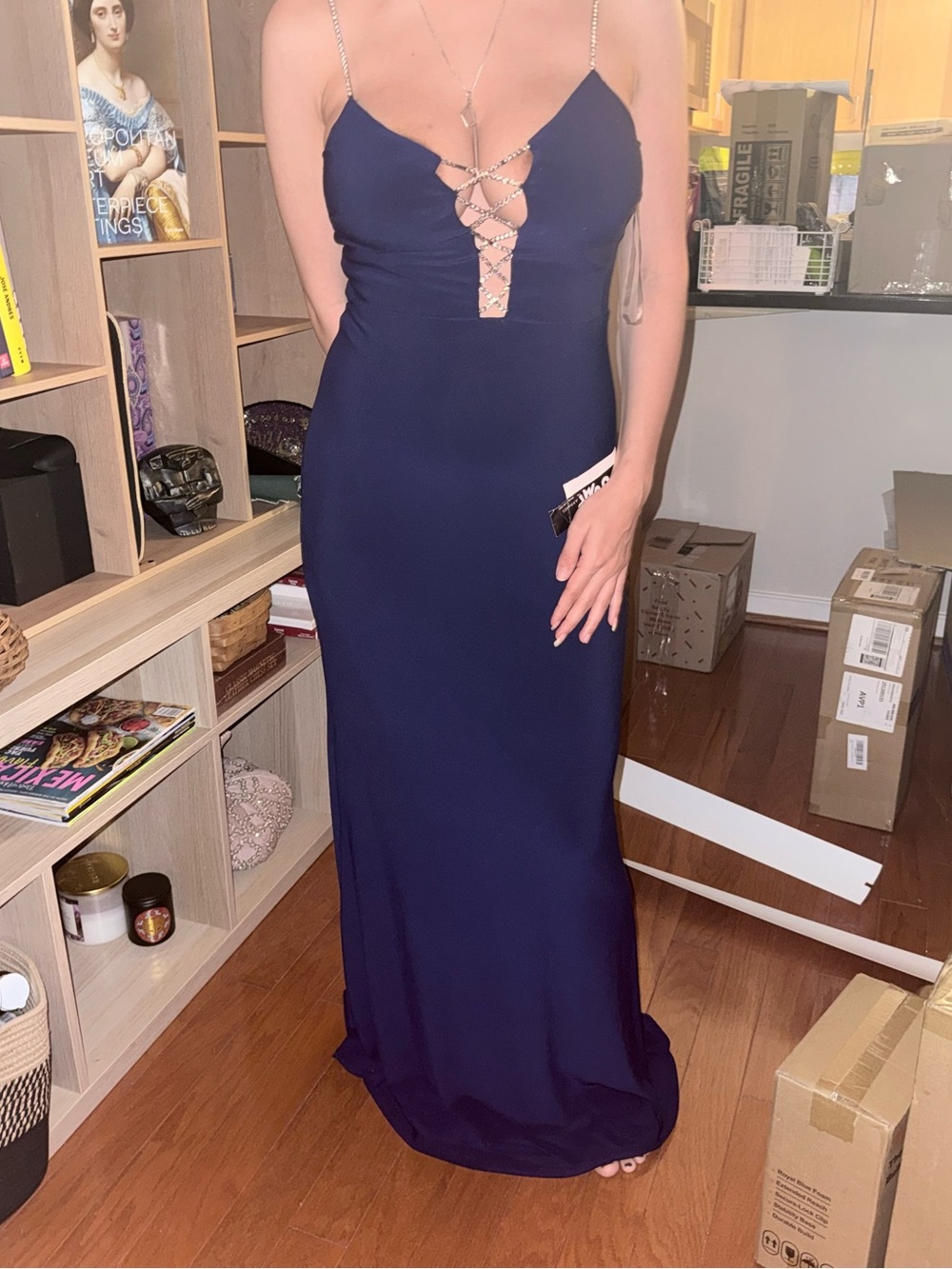 Midnight Navy Crystal Rhinestone Spaghetti Strap Maxi Dress Prom Evening Gown